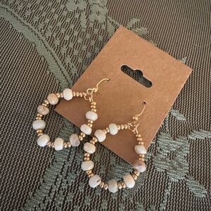 Handmade Elegant Gold and Cream Stone Beaded Hoop Earrings